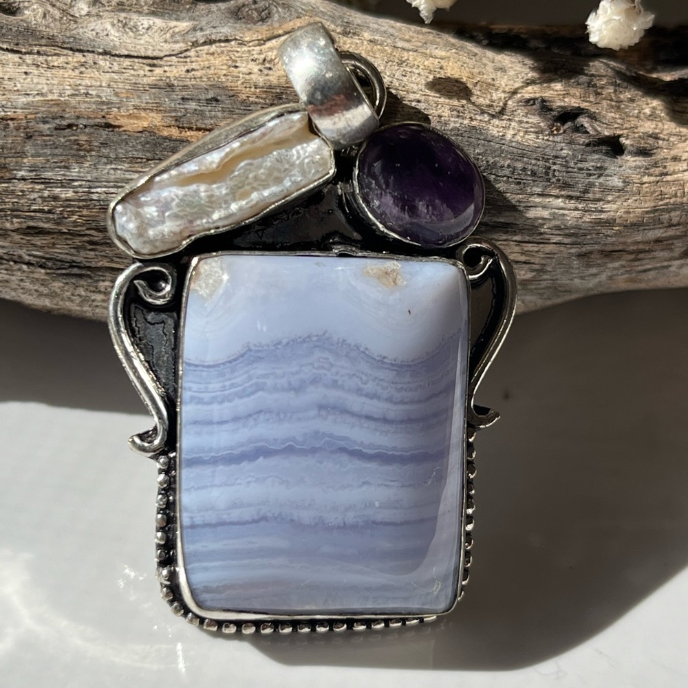 925 silver overlay blue lace agate pendant with biwa pearl and amethyst